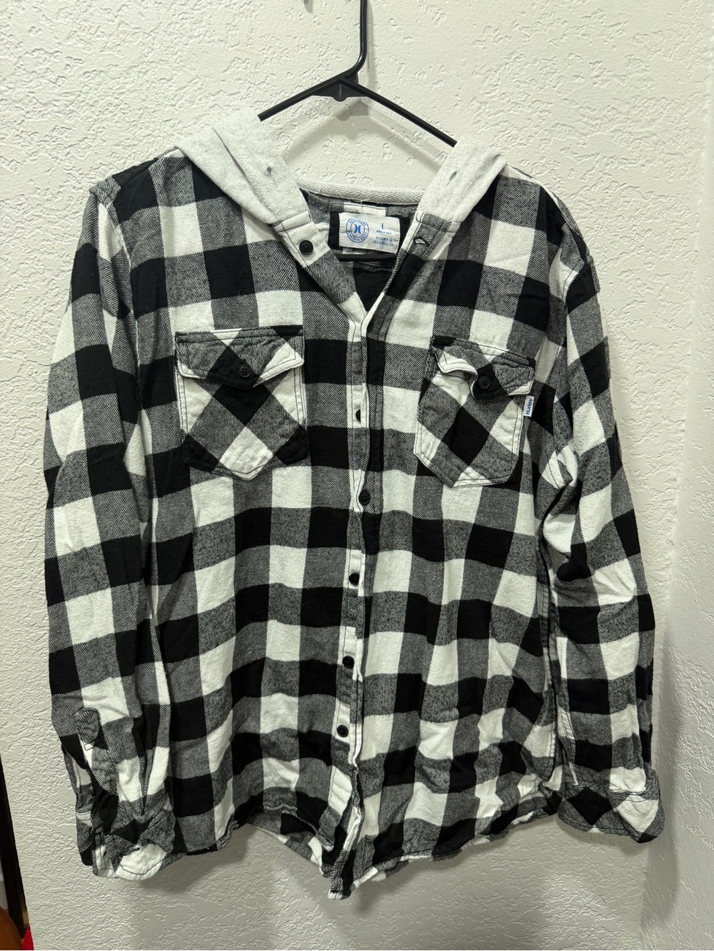 Hurley Black and White Plaid Long Sleeve Hooded Shirt